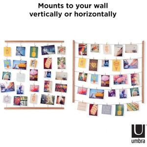 Hanging photo collage with two wood wall mounts, and rope with clothespins